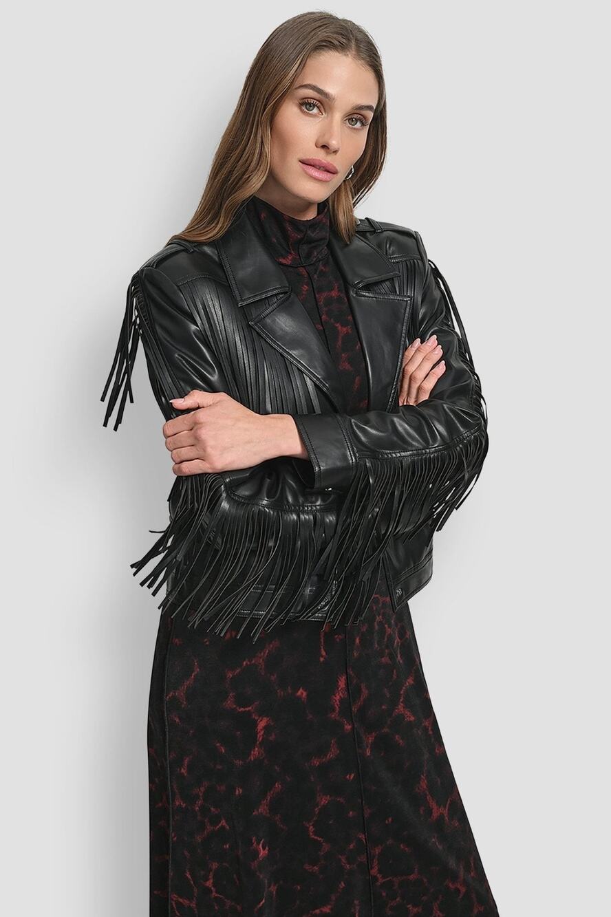 Dkny Crop Jacket Womens Large Black Faux Leather Fringe Detail Biker Chic NWT